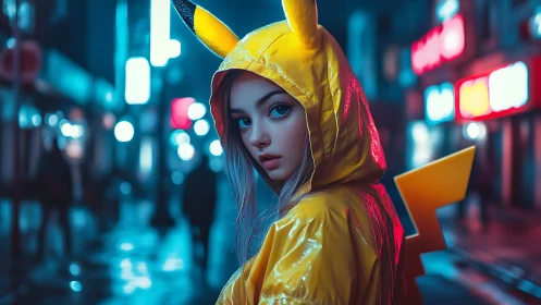 Girl in Pikachu hooded coat on neon city street at night.