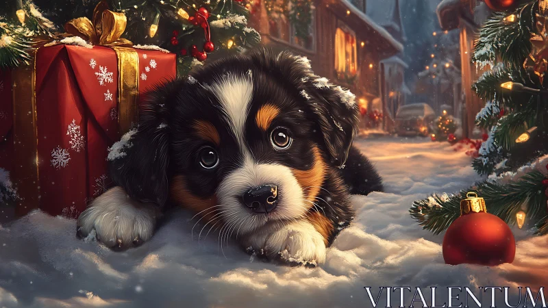 Puppy lies in snow between Christmas gifts and lit trees
