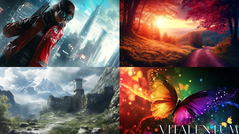 Quad digital scenes contrast cyberpunk hero, nature, fantasy