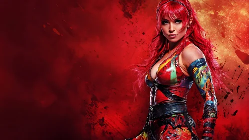 Dynamic red-haired warrior in high-contrast digital painting portrait