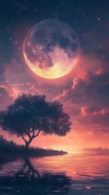 Vast full moon rises over tranquil lake at dreamlike dusk