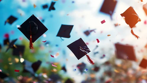Graduation caps and confetti rising against bright sky.