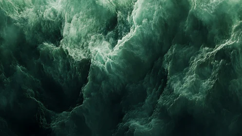 Turbulent dark green ocean waves form steep chaotic walls