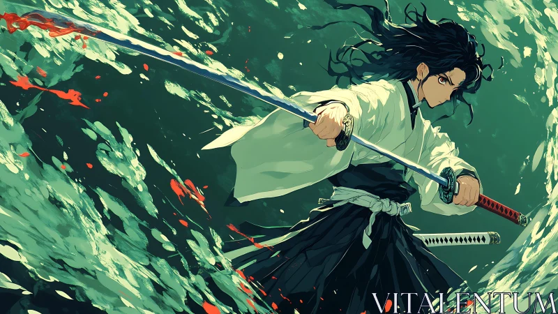 Dynamic anime swordsman amid abstract aqueous motion study.