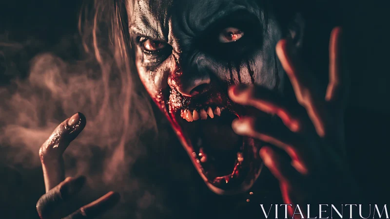 Horror portrait of screaming blood-smeared ghoul in smoke