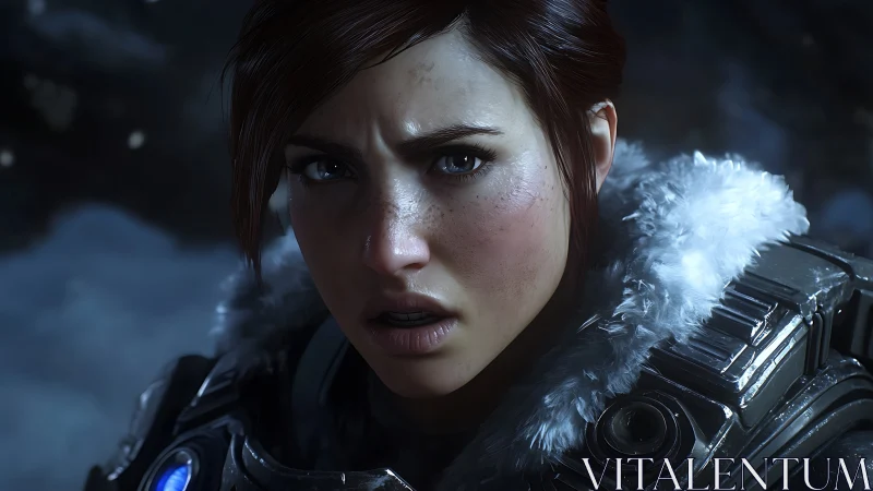 Armored woman confronts icy threat with intense resolve