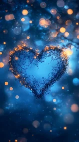 Luminescent Wire Heart with Golden Bokeh on Blue