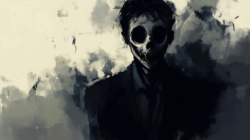 Monochrome skeletal figure in suit framed by diffuse smoky abstraction