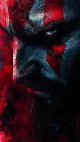 War-marked warrior gaze carved in scarlet shadowstorm.