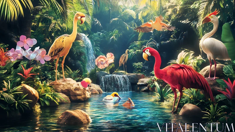 Vibrant tropical birds gather at a glowing jungle waterfall