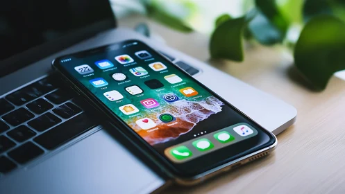 Photorealistic smartphone and laptop workspace composition.