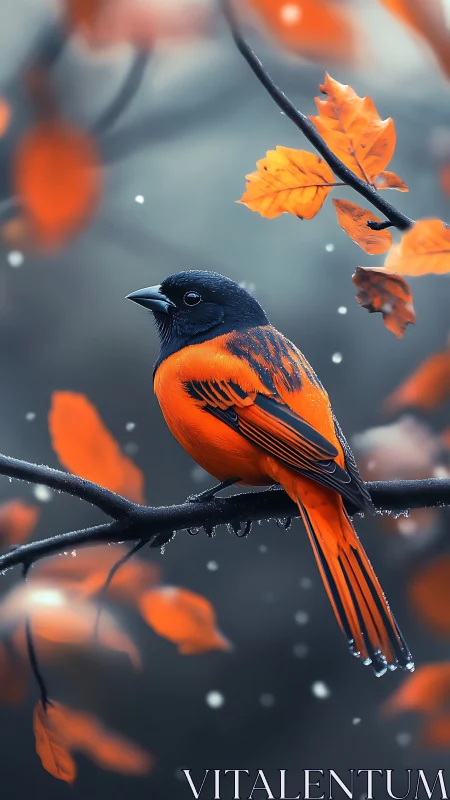 Vivid orange songbird on wet branch amid soft-focus bokeh.
