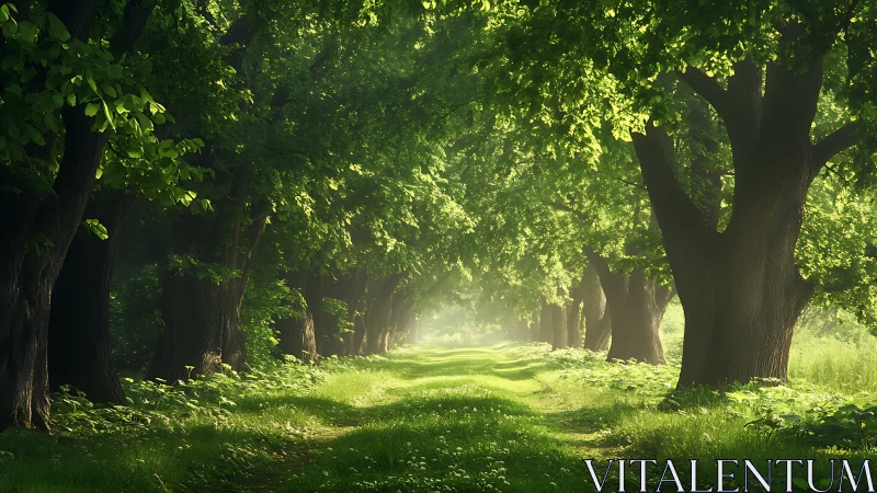 Luminous forest aisle with axial tree alignment in dawn haze.