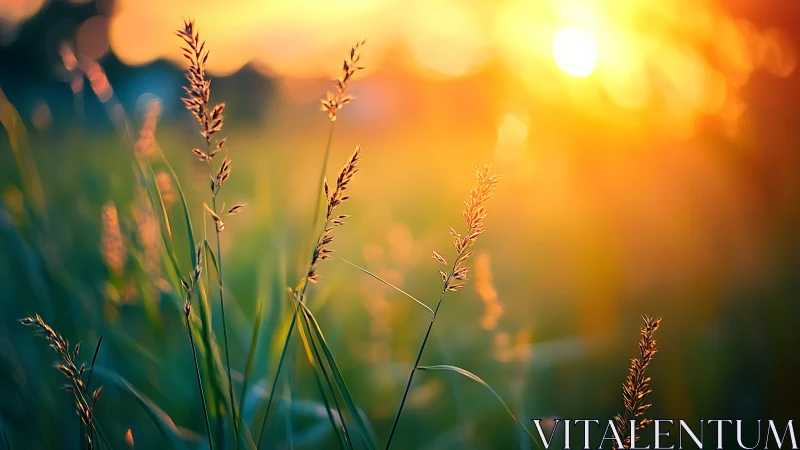 Backlit meadow grasses under vivid orange sunset bokeh.