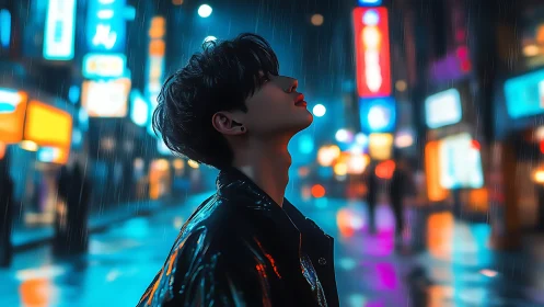 Neon drenched nocturne with solitary figure in reflective rain.