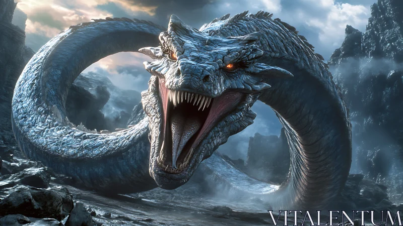 Coiled ice wyrm roaring in misty basalt canyon environment