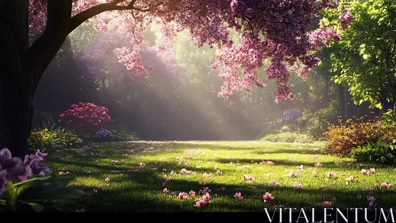 Sunlit blossom lawn where petals rehearse quiet miracles.