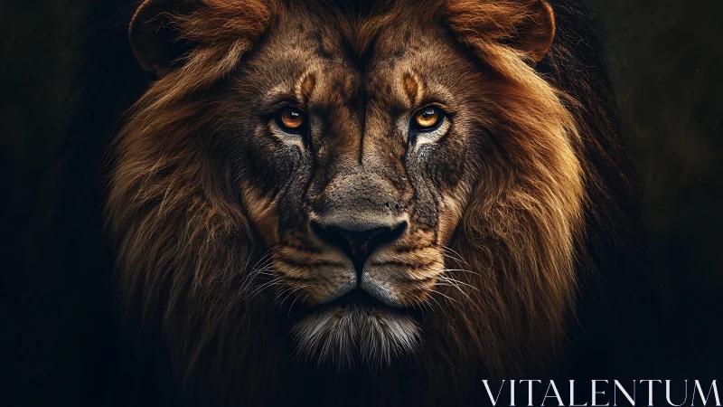 Lion portrait displays frontal view with controlled lighting
