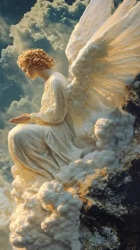 Radiant winged figure in baroque textile detail above cloudlike stone