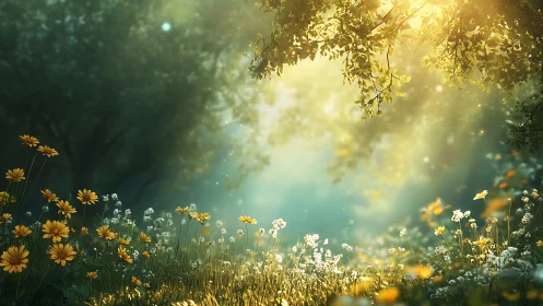 Backlit wildflower meadow with volumetric forest sunlight.