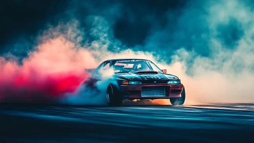 Street drift car slides through colored smoke on dark track
