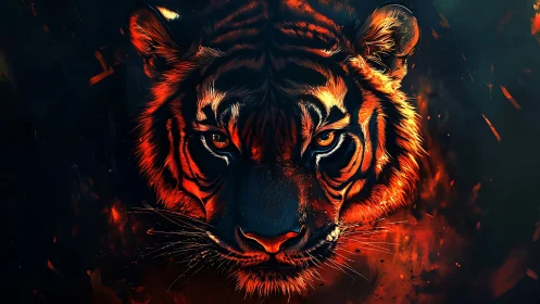 Tiger head occupies central frame under high contrast lighting