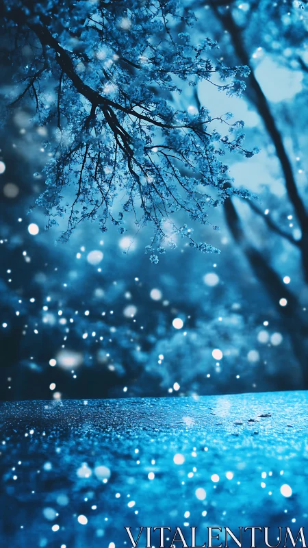 Moonlit blue branches shimmer above glowing frostscape.