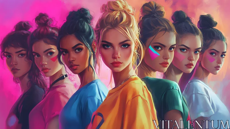 Digital portrait lineup of seven stylized women in neon ambience