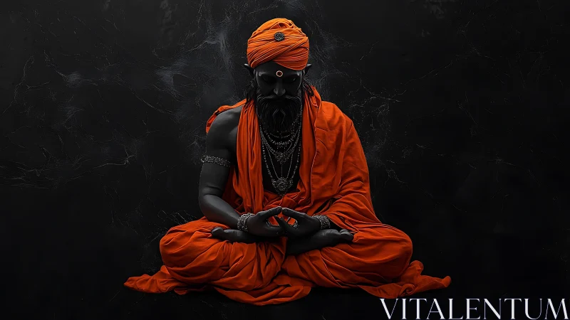 Monochrome sage in vivid orange robes on obsidian void.