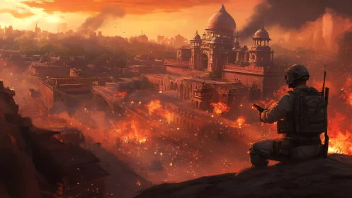 Soldier overlooks burning city under apocalyptic sunset.