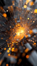 Abstract digital tunnel of metallic blocks and orange lights.