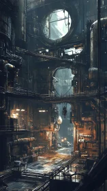 Layered industrial megastructure glows in rusted gloom.