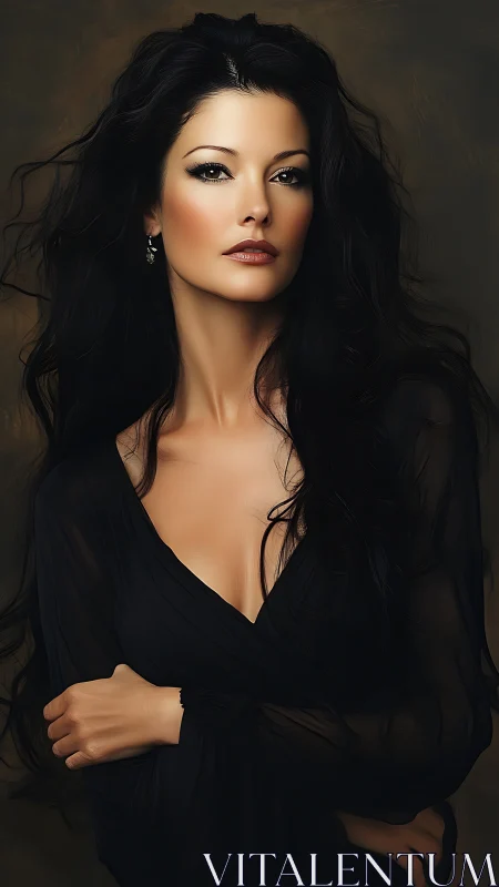 Dark haired woman poses in elegant black dress portrait