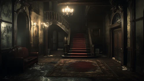 Cinematic Victorian foyer with decayed red staircase lighting.