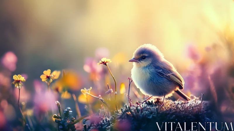 Small bird is positioned on ground amid foreground flowers