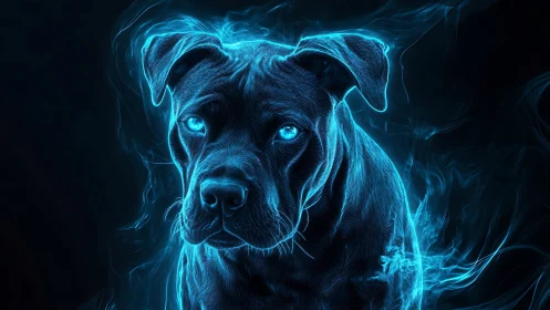 Neon blue dog portrait glows with ethereal electric energy.