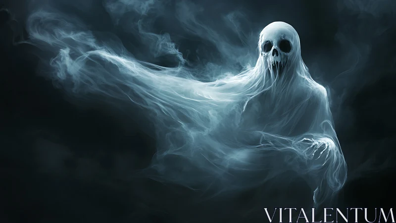 Ethereal ghostly wraith drifts through swirling dark mist.