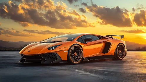 Orange low-profile sports car is parked on open pavement