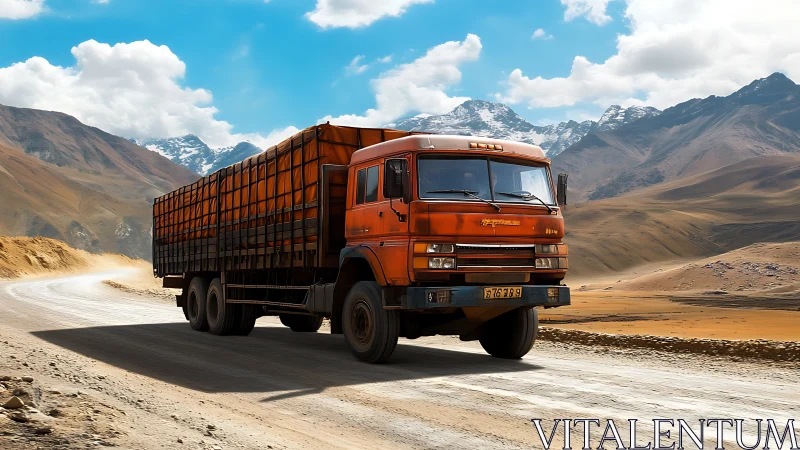 Amber freight titan rolls through sunlit mountain highlands.