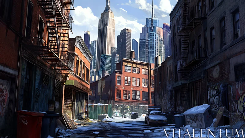 Snow-dusted backstreet dreams beneath towering city spires.