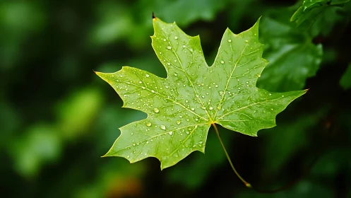 Green maple leaf with dew drops on blurred forest background