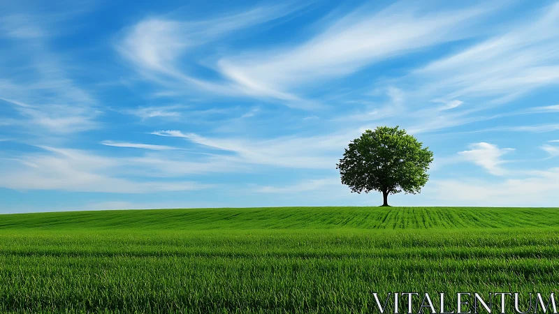 Isolated deciduous tree on stratified green field horizon.