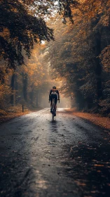 Cyclist on Autumn Forest Path.
