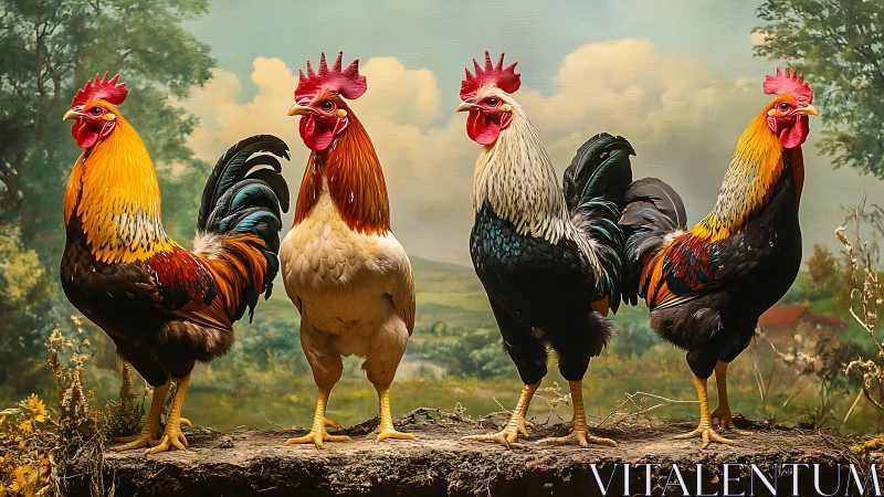 Five Roosters on Highland Ridge Overlooking Rural Valley Landscape