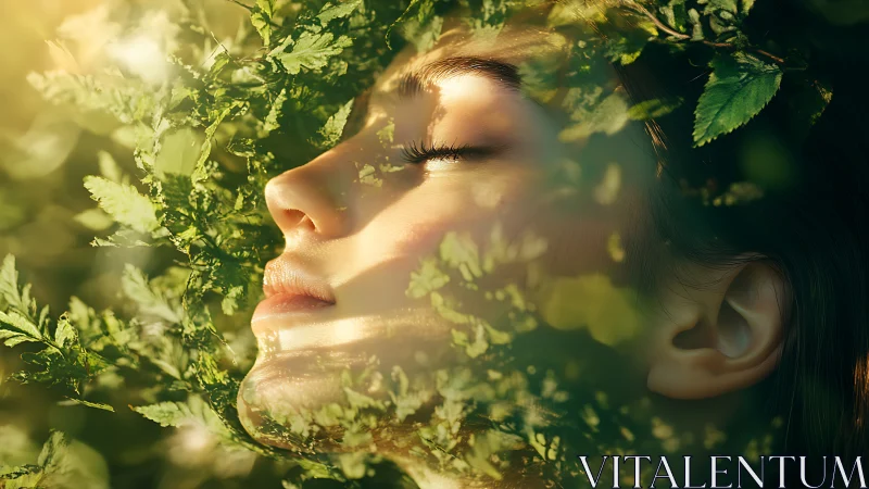 Serene woman’s face surrounded by lush green foliage, dreamy sunlight.