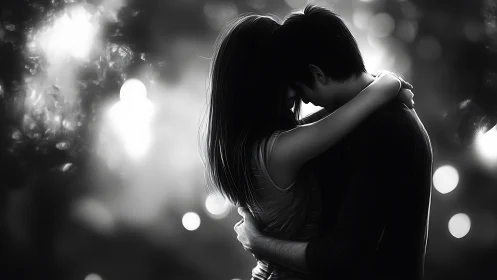 Silhouetted Embrace in Golden Bokeh Light