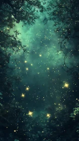 Luminescent forest canopy with bioluminescent particles suspended in emerald atmosphere