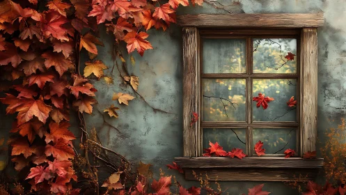 Golden autumn leaves drift softly across an old window