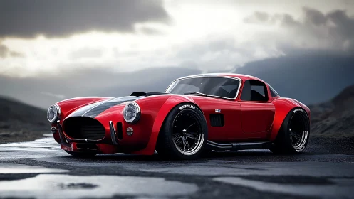 Red classic sports coupe parked on wet mountain road.