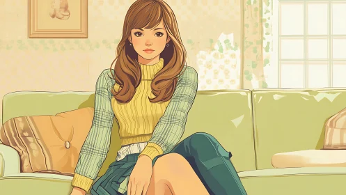 Calm young woman rests on a pastel sofa in sunlit room